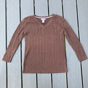 Brown cable knit sweater 3/4 sleeves, preppy grandmacore indie light academia